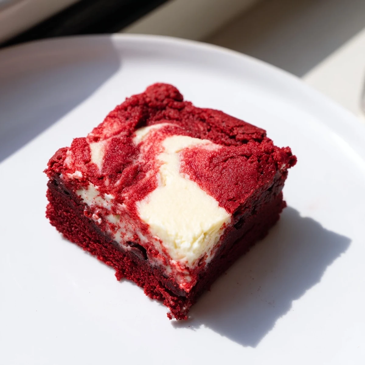 A slice of Red Velvet Brownies with Cheesecake Swirl shows glossy red cocoa squares beside a scoop of vanilla ice cream.