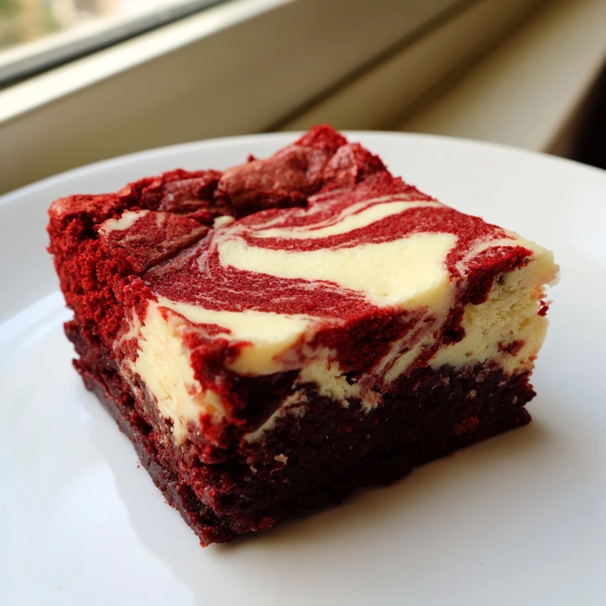 Ready-to-serve Red Velvet Brownies with Cheesecake Swirl, cut into neat squares and paired with fresh raspberries on a rustic board.