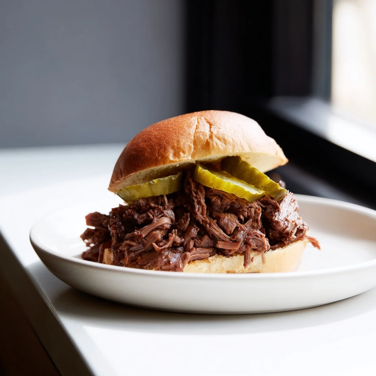 Golden, buttery slider buns cradle tender pulled beef with crunchy pickles, creating a perfect mini sandwich for game day.