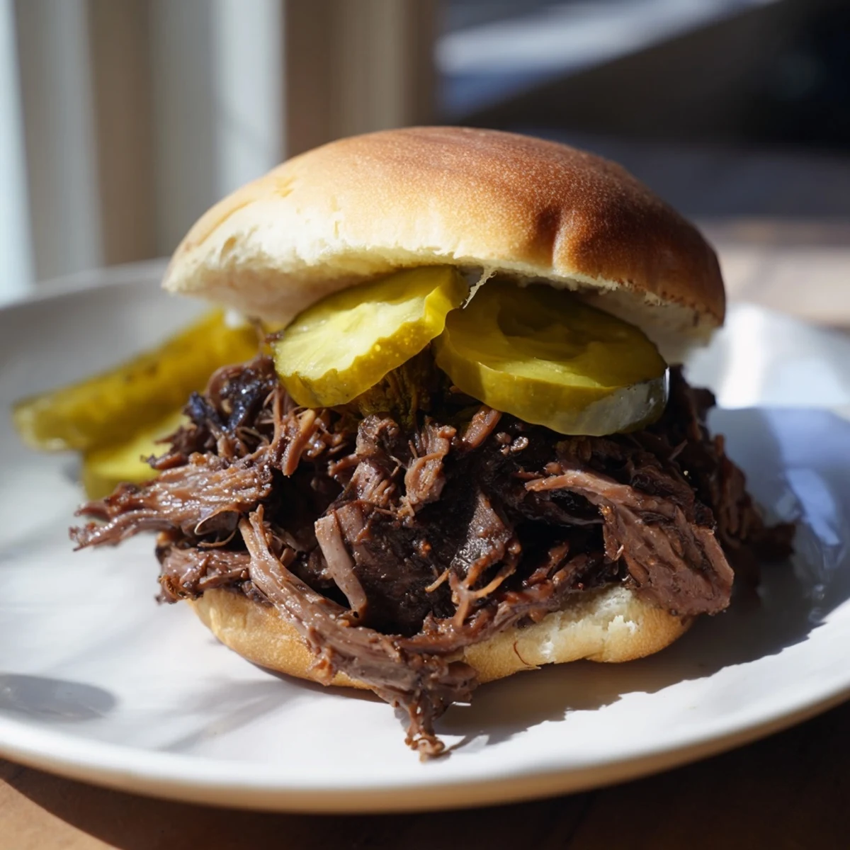 Freshly assembled pulled beef sliders featuring juicy meat and crisp pickles, served warm on toasted buns.