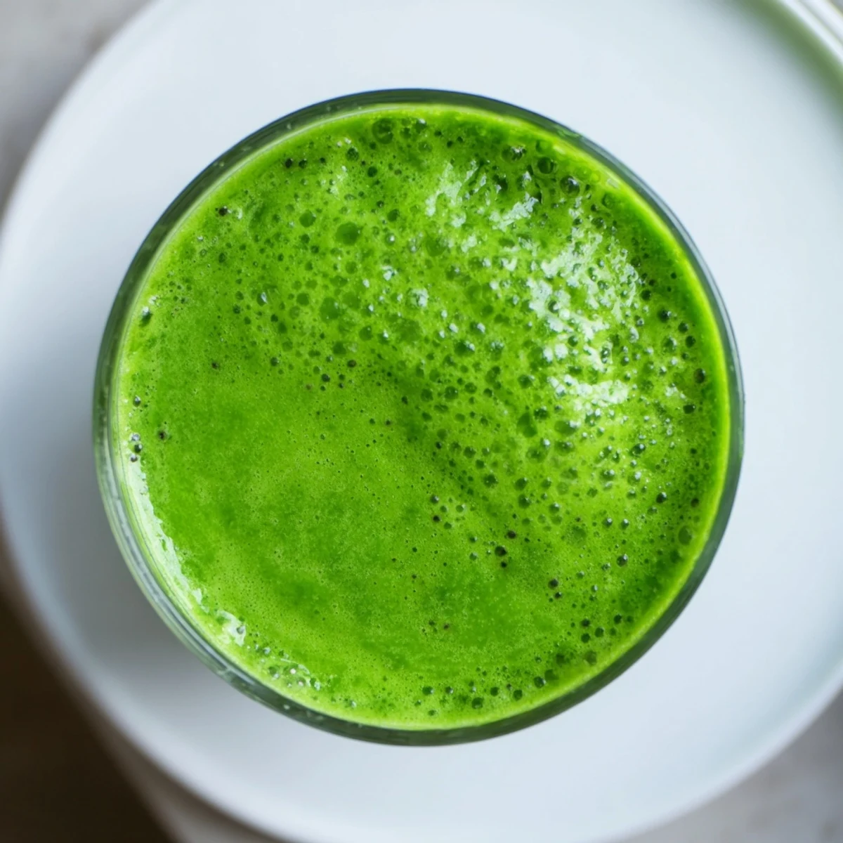 Frosted glasses of vibrant green detox smoothie with ginger garnished with fresh spinach and a pineapple slice.