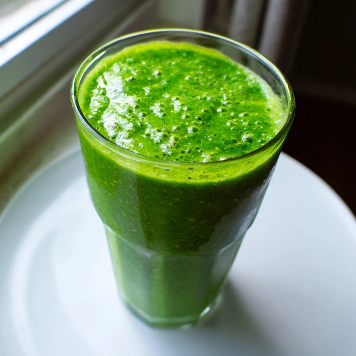 A close-up of creamy green detox smoothie with ginger, blending kale, apple, and banana for a nourishing start.