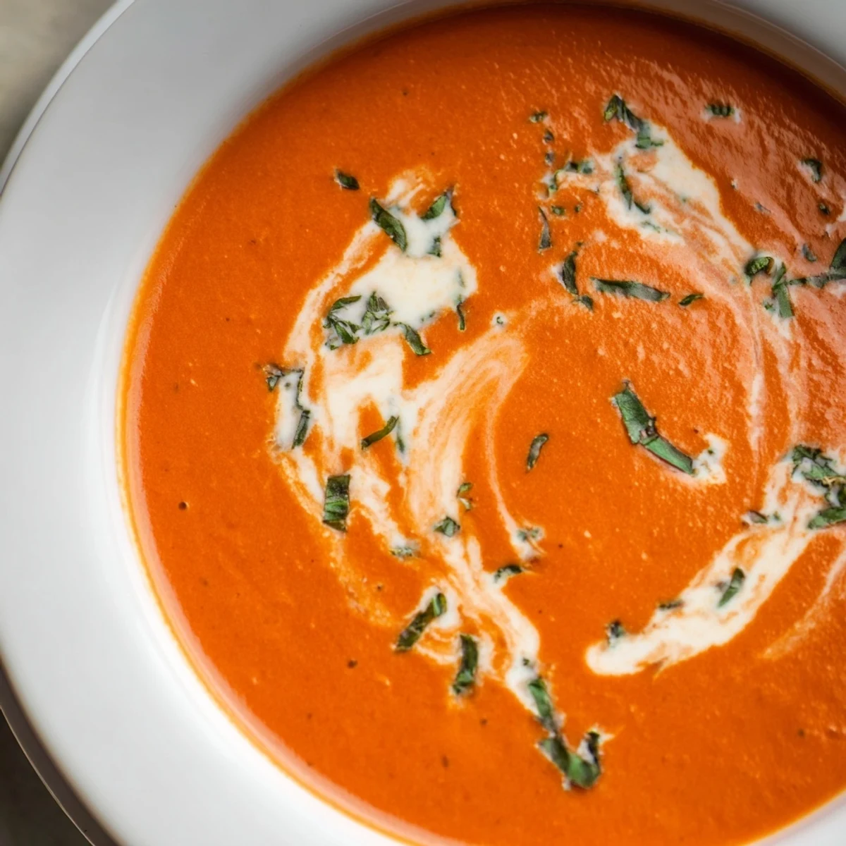 Creamy Tomato Basil Bisque with a velvety, orange-red texture, topped with a fresh basil leaf for a vibrant presentation.