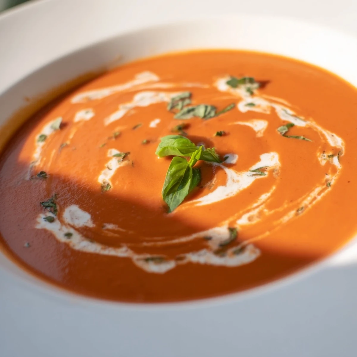 Smooth and comforting Creamy Tomato Basil Bisque in a rustic white bowl, perfect for a cozy, vegetarian meal.