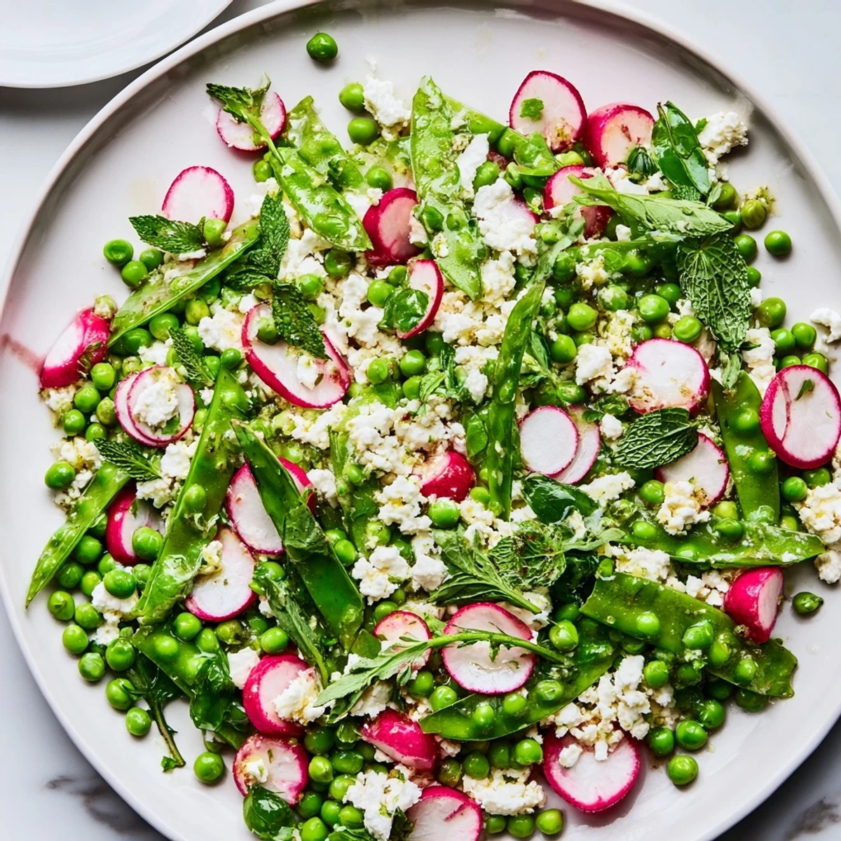 A vibrant bowl of Spring Pea Salad with Radishes and Feta, tossed with fresh mint and ready for a spring gathering or light lunch.