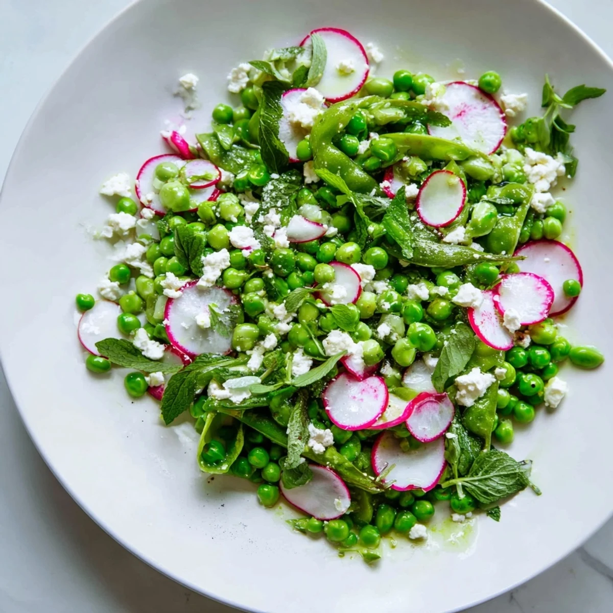 Fresh Spring Pea Salad with Radishes and Feta shows crisp vegetables and crumbled cheese, dressed in a honey-lemon vinaigrette and served chilled.