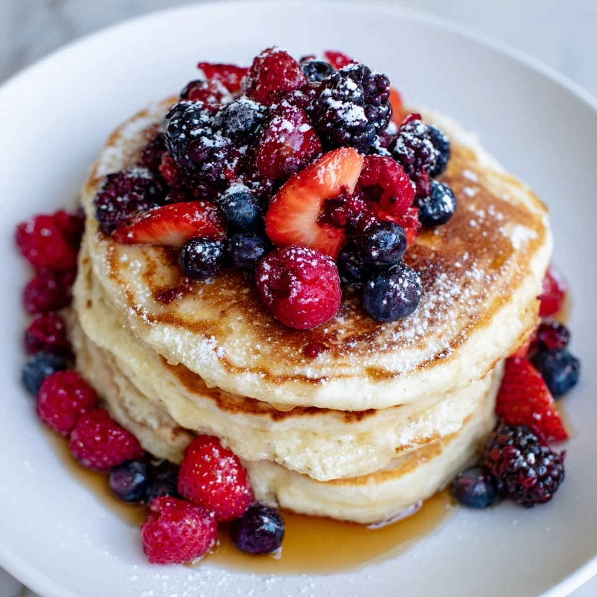 Fluffy Lemon Ricotta Pancakes with Berries stack high on a plate, topped with sweet, juicy mixed berries and a drizzle of maple syrup for a luxurious brunch.
