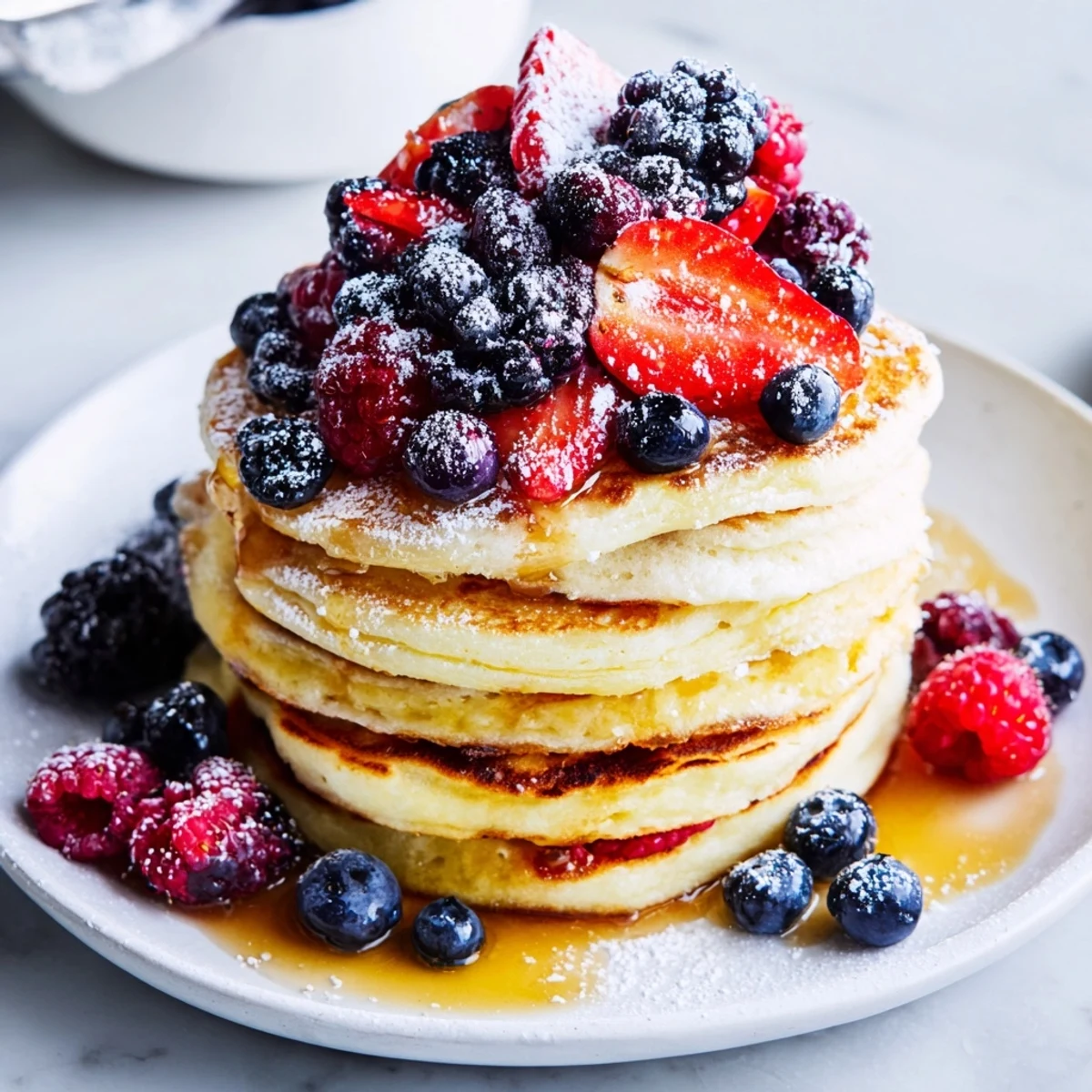 A close-up of golden-brown Lemon Ricotta Pancakes with Berries, featuring creamy ricotta texture and vibrant red berries glistening with fresh lemon juice.