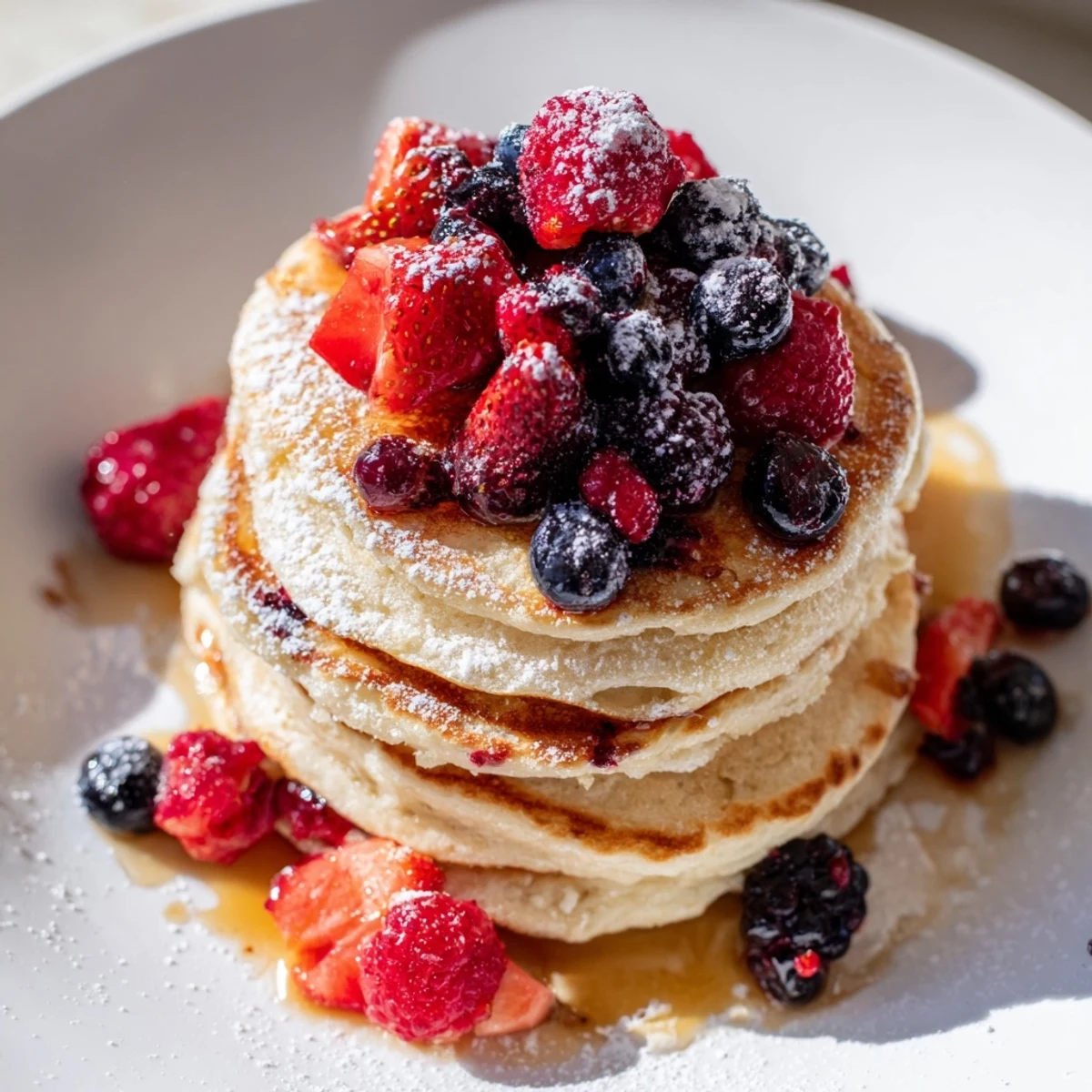 In a rustic kitchen setting, Lemon Ricotta Pancakes with Berries are served warm, accompanied by a glass of orange juice for a perfect American breakfast.