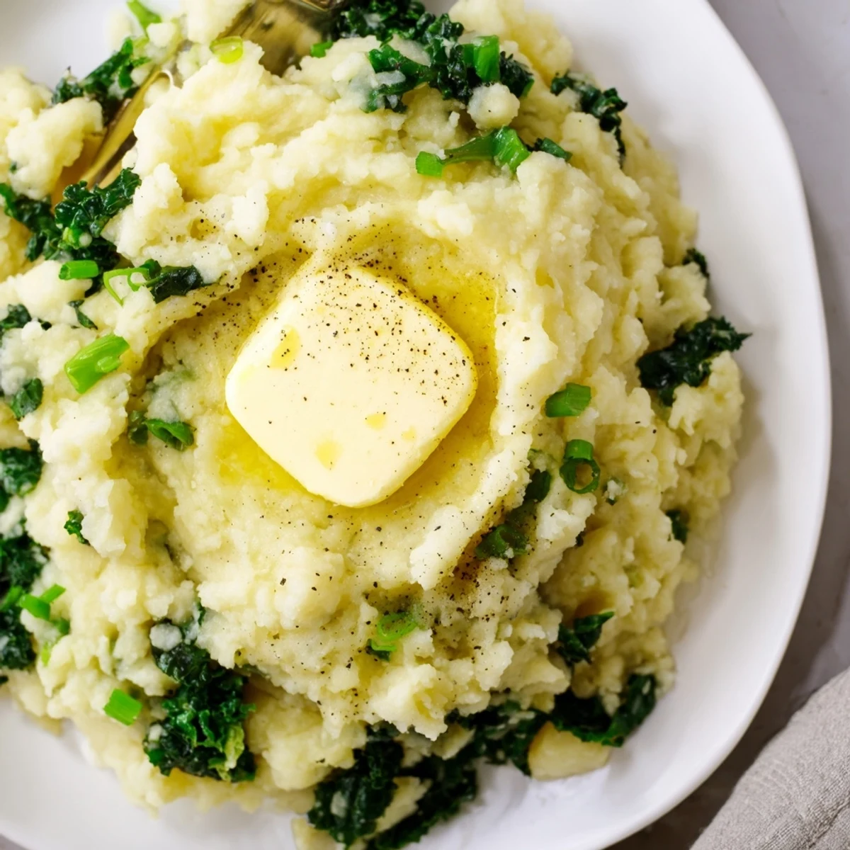 Creamy Irish Colcannon with kale and butter in a rustic bowl, topped with a melting pat of golden butter for a comforting side dish.