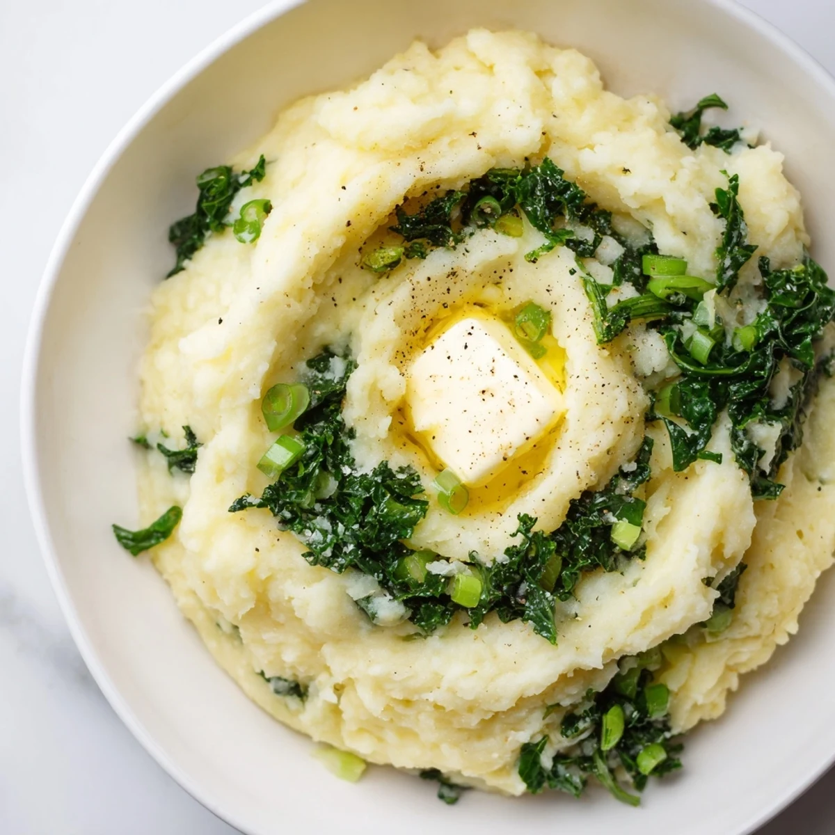 Hearty Irish Colcannon with sautéed kale and scallions folded into fluffy mashed potatoes, served warm as an easy vegetarian side dish.