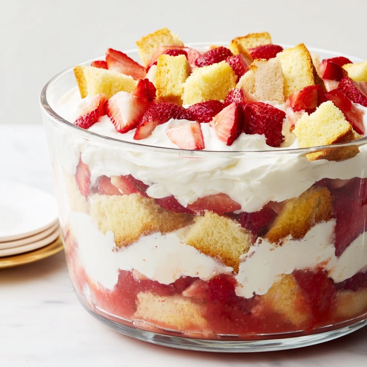 Clear glass trifle bowl filled with layered Strawberry Shortcake Trifle, showcasing fluffy cake cubes, juicy macerated strawberries, and velvety whipped cream.
