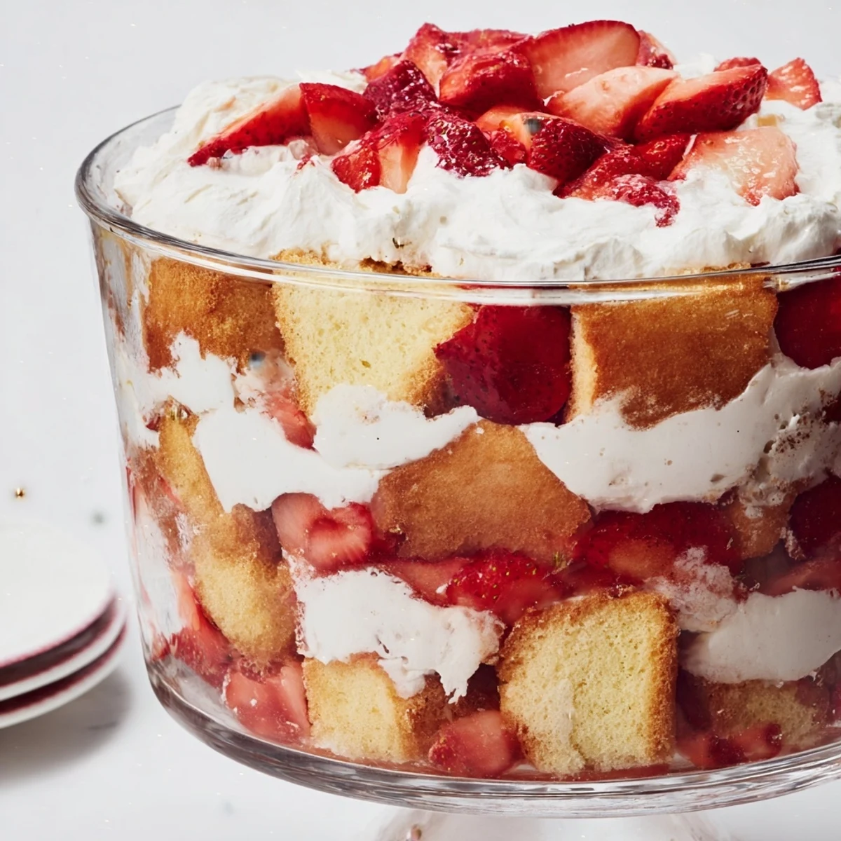 Homemade Strawberry Shortcake Trifle in a glass dish, topped with mint and extra strawberry slices, ready to serve at a sunny picnic.