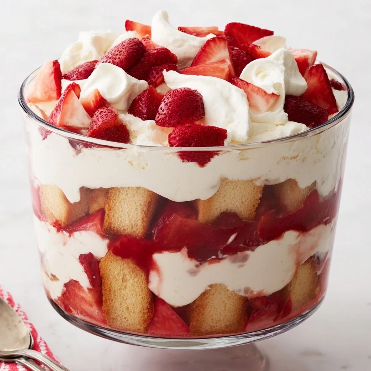 Freshly assembled Strawberry Shortcake Trifle served chilled, perfect for summer gatherings with bright berries and sweet cream between tender cake layers.