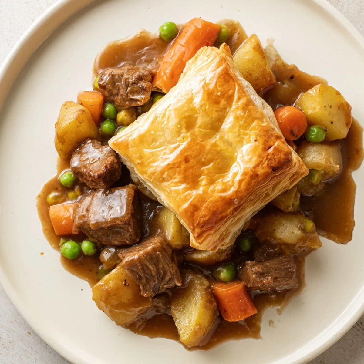 Fresh thyme and peas peek through the savory filling beneath the golden puff pastry in this classic beef pot pie.