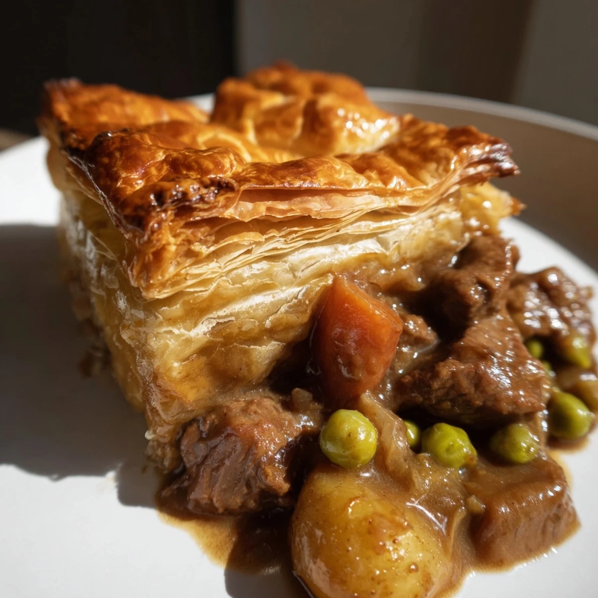 A golden, flaky puff pastry crust tops a steaming beef pot pie filled with tender vegetables in a rich gravy.