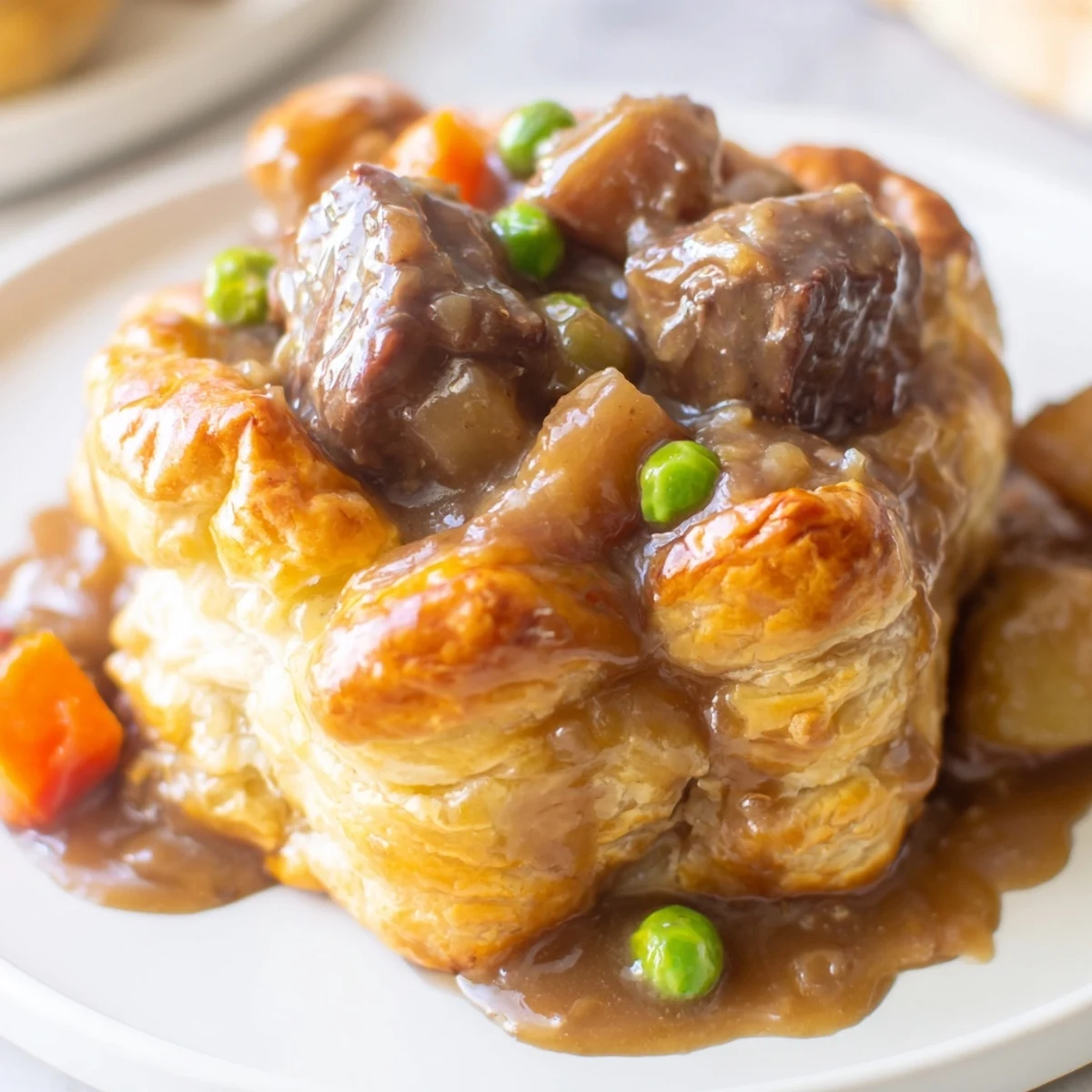 A rustic beef pot pie rests on a wooden table, its crisp crust a golden crown over hearty comfort food.