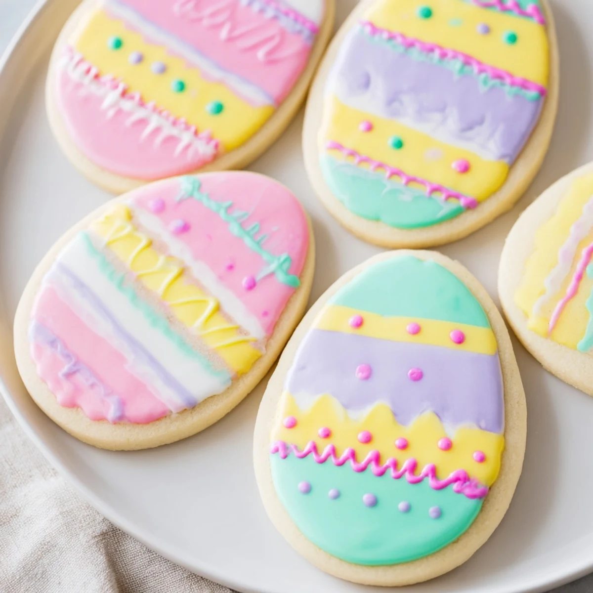 Brightly iced Easter Egg Sugar Cookies arranged on a wooden board, showcasing pastel swirls and festive spring colors perfect for holiday celebrations.