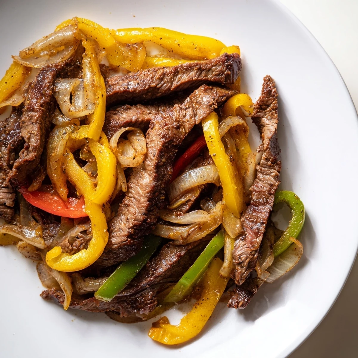 Steaming hot Beef Fajitas with Peppers and Onions on a sizzling cast iron skillet, served with warm flour tortillas.