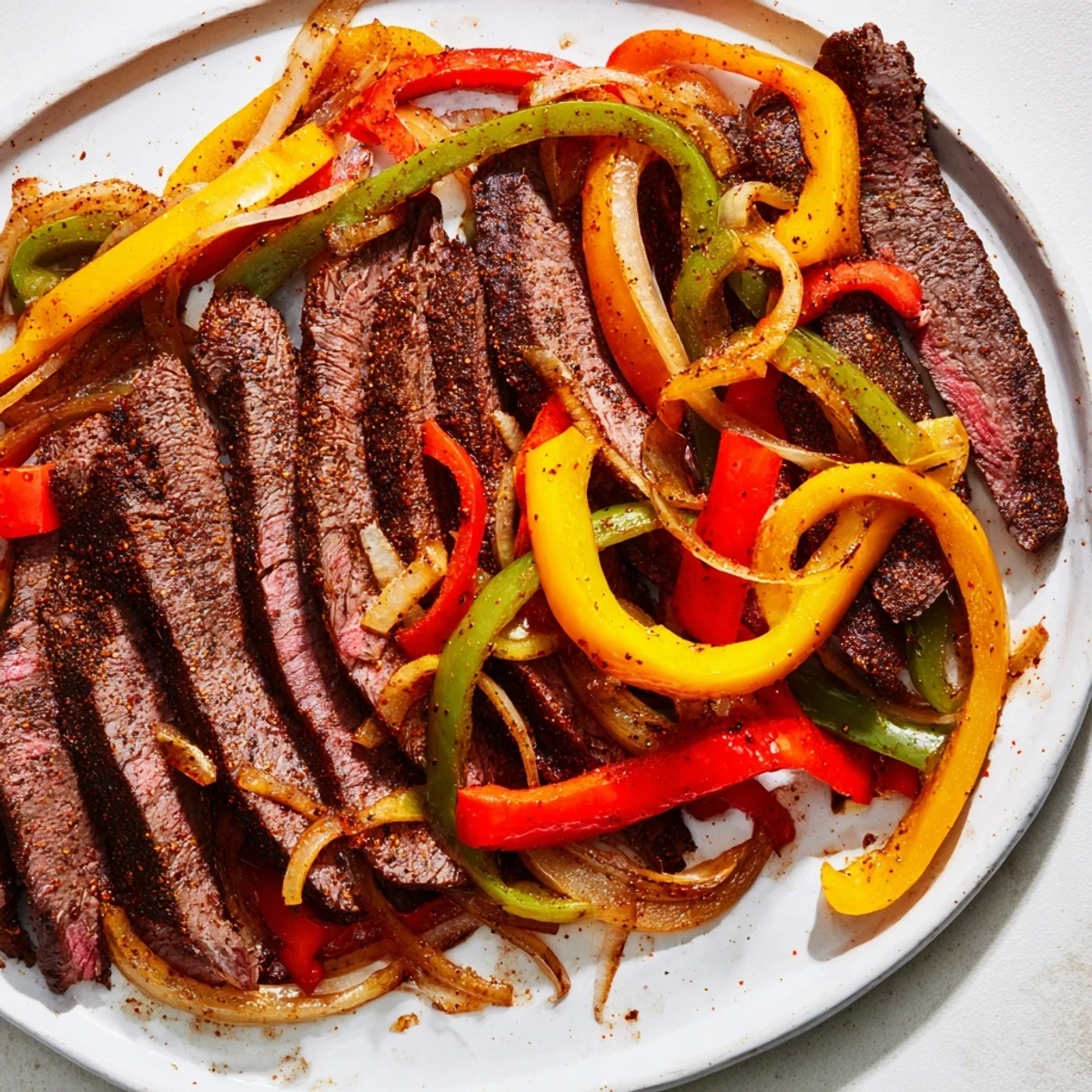 Colorful strips of bell peppers and onions mixed with tender beef in this classic Tex-Mex fajita dish for dinner.
