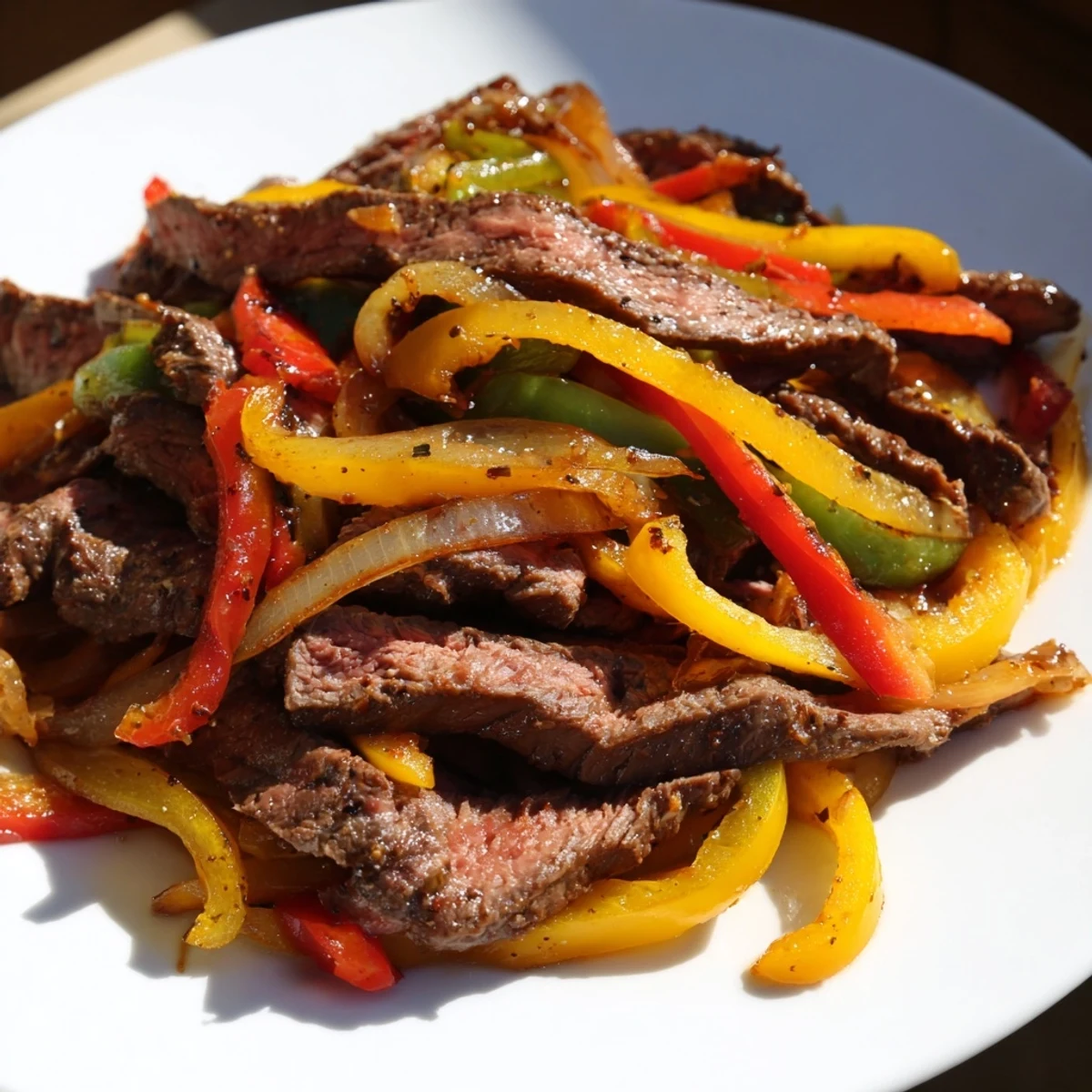 Sizzling Beef Fajitas with Peppers and Onions plated with lime wedges and fresh cilantro for a zesty finish.