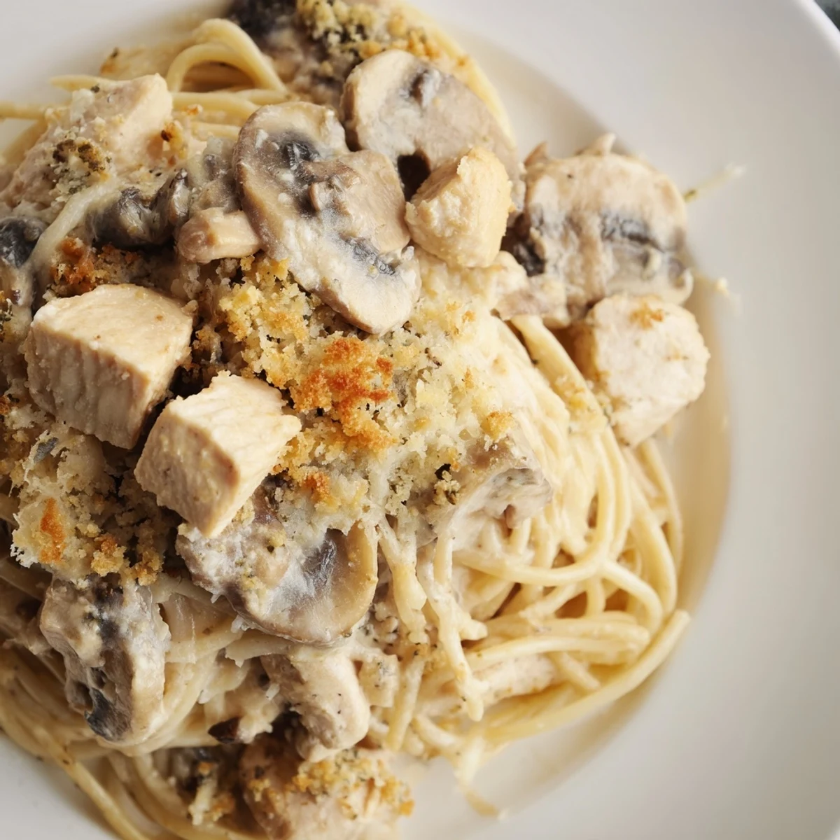A close-up of golden brown Turkey Tetrazzini with Mushrooms, showing creamy pasta and melted mozzarella cheese.