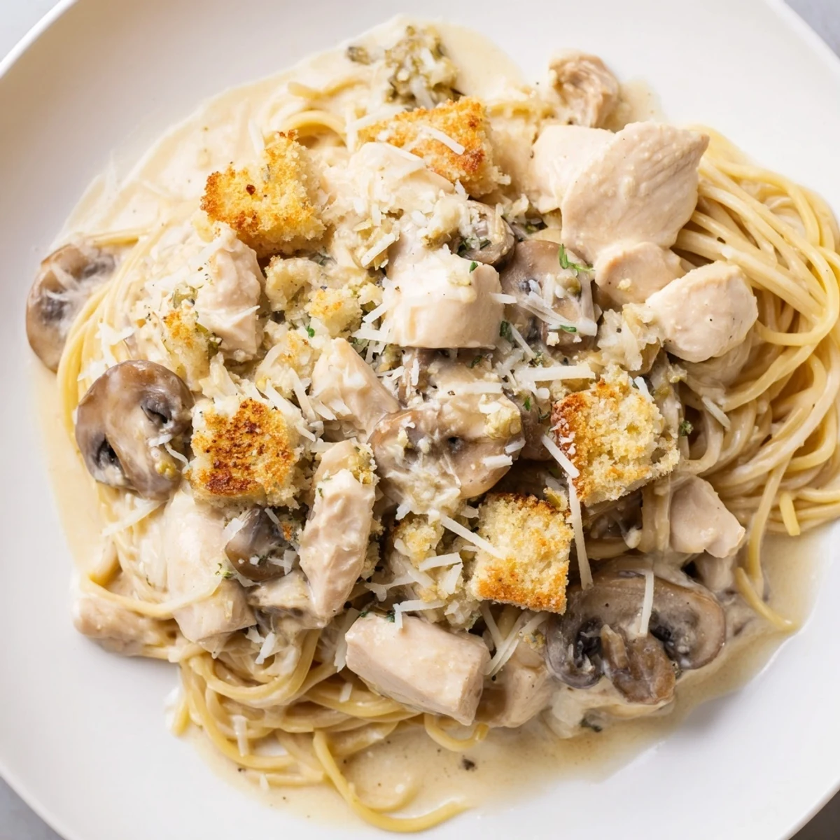 Turkey Tetrazzini with Mushrooms casserole in a white dish, garnished with parsley and ready to serve for dinner.