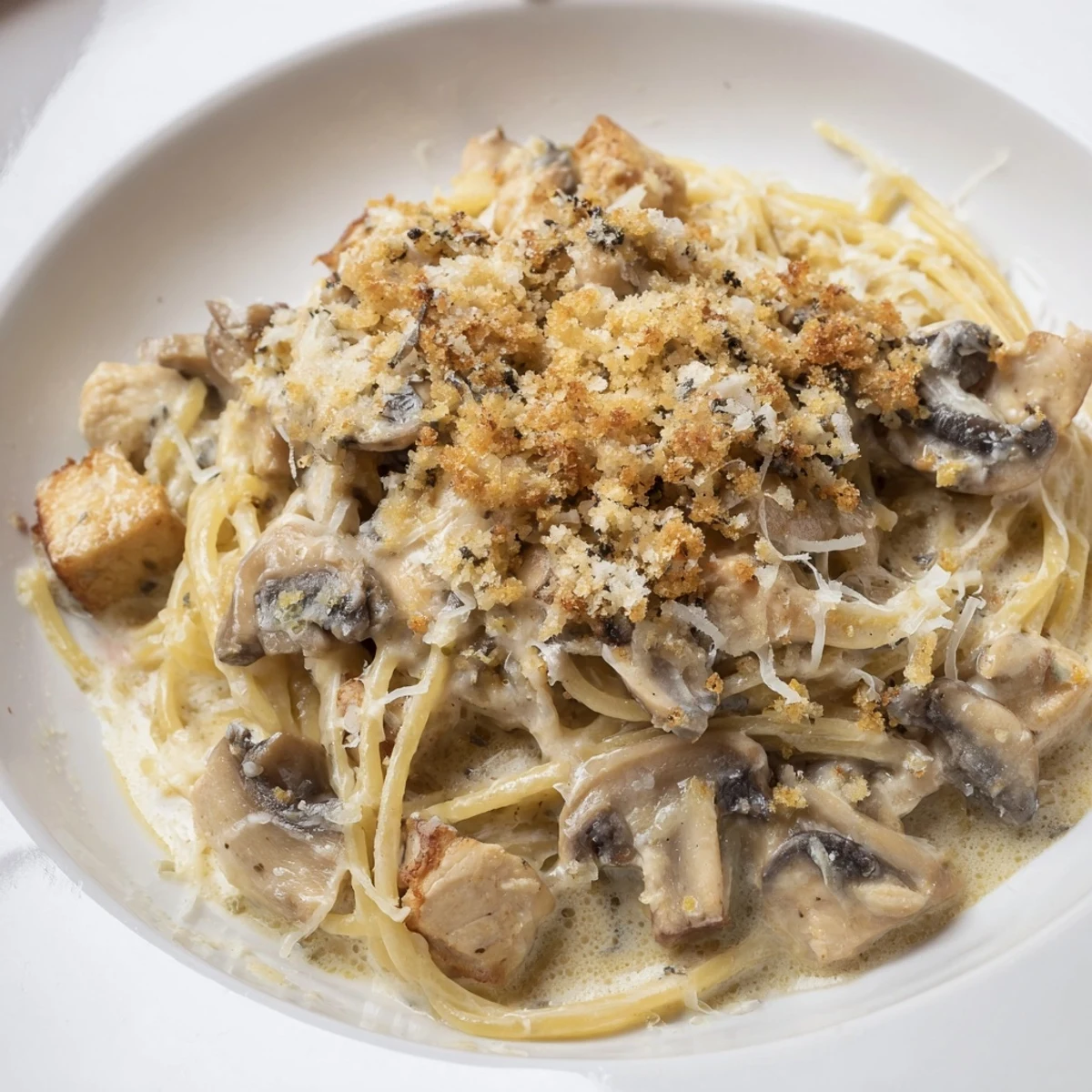 Bubbling golden topping on Turkey Tetrazzini with Mushrooms, featuring tender turkey and earthy cremini mushrooms in cream sauce.