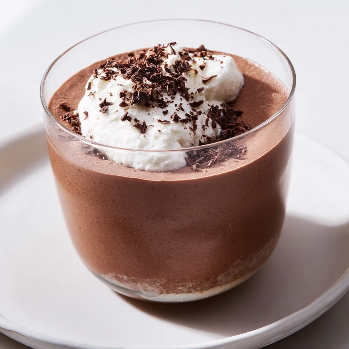 Rich and airy Chocolate Mousse with Whipped Cream served in elegant glassware, showcasing a glossy, smooth top and a fluffy white dollop on top.