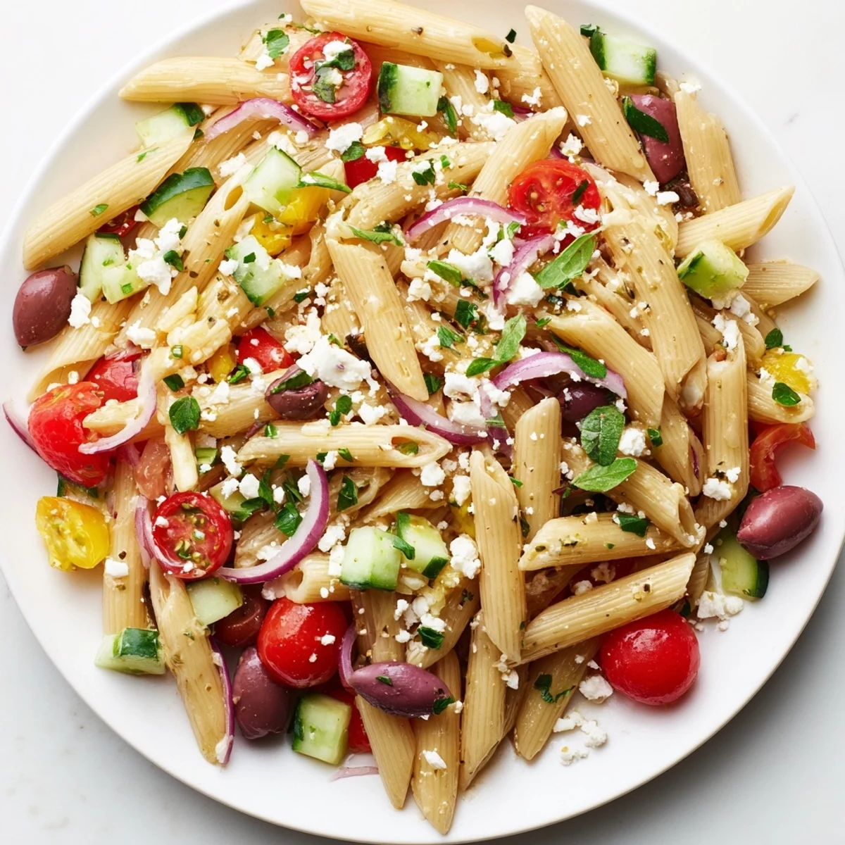 Close-up of a colorful Mediterranean pasta salad with olives, feta, and fresh vegetables in a white ceramic bowl.