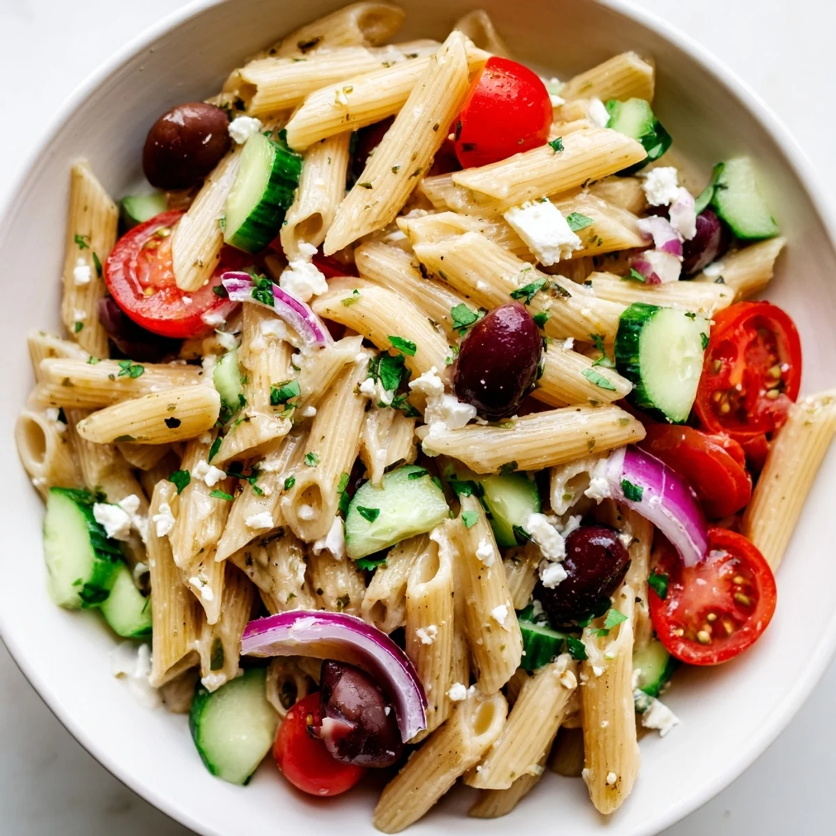 Tossed Mediterranean pasta salad with tangy olives, crisp cucumbers, and zesty vinaigrette, ready for a summer picnic.