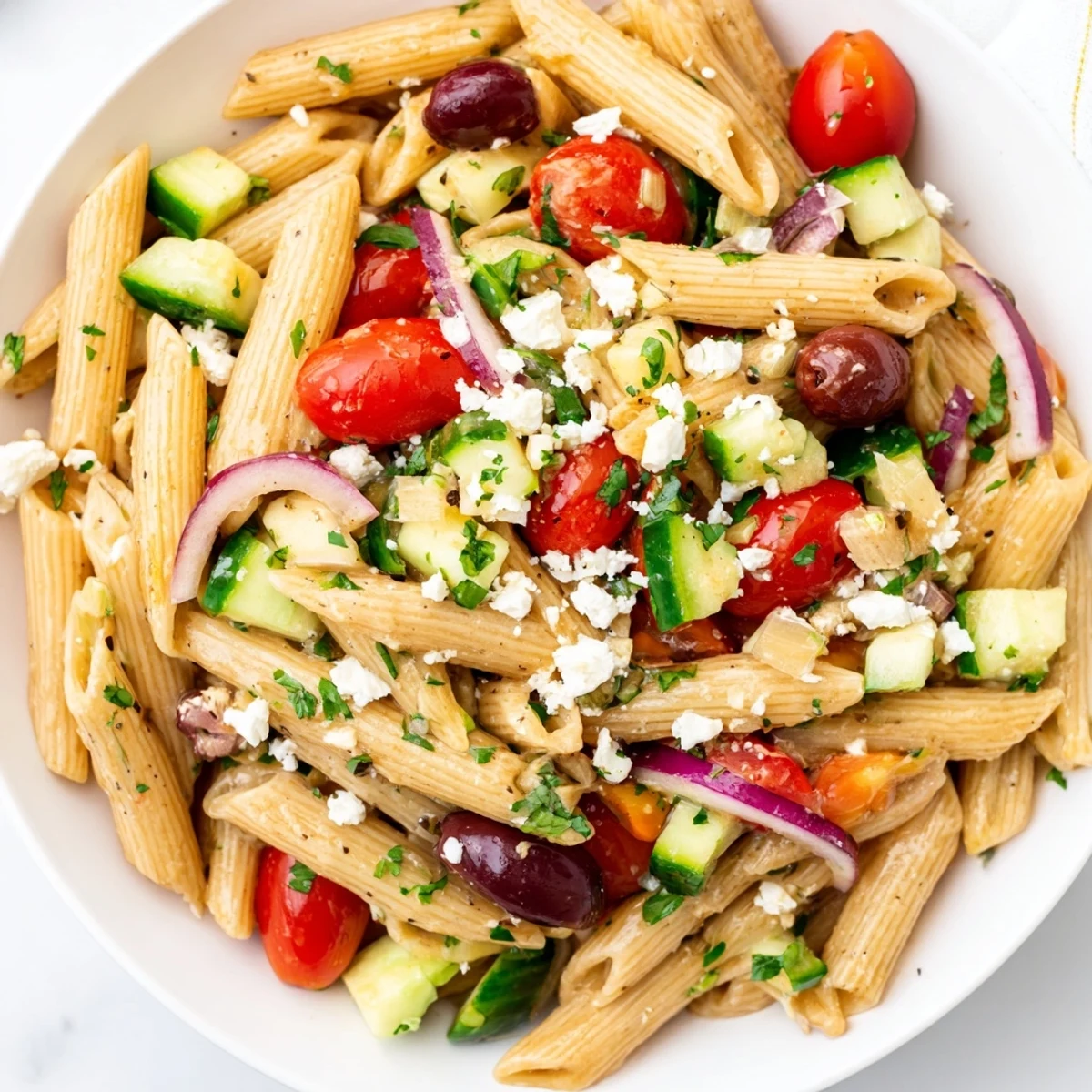 Vibrant Mediterranean pasta salad featuring Kalamata olives, cherry tomatoes, and crumbled feta cheese on a rustic wooden table.