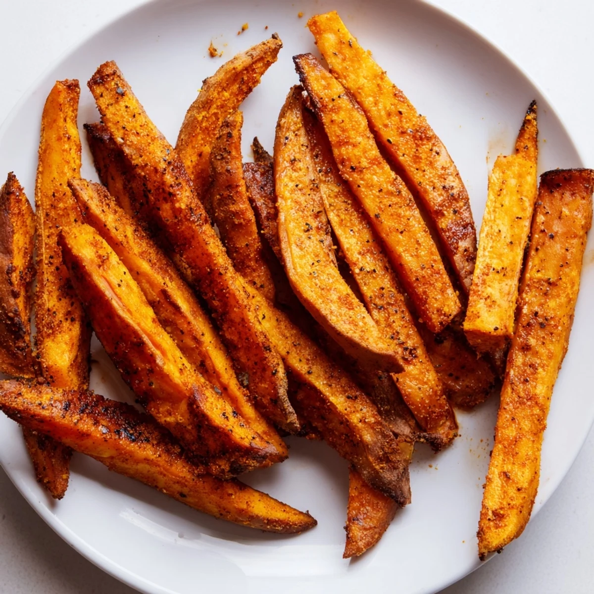 Golden Crispy Air Fryer Sweet Potato Fries with smoky paprika seasoning, served hot as a vegan snack.