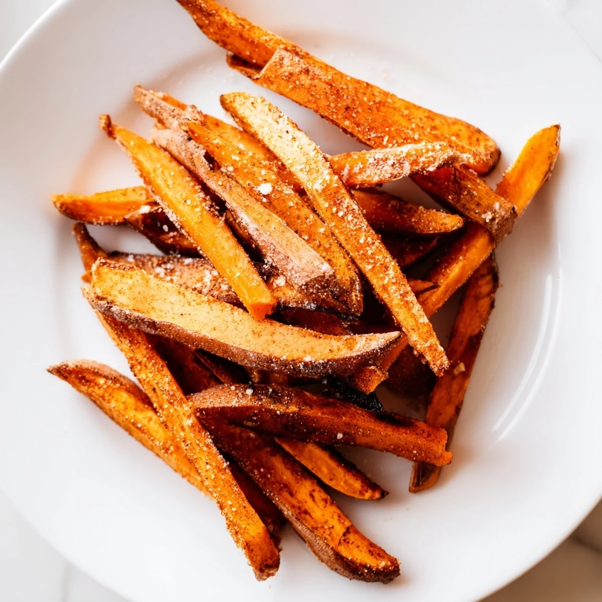 Seasoned Crispy Air Fryer Sweet Potato Fries garnished with fresh herbs, ready for dipping in spicy mayo.