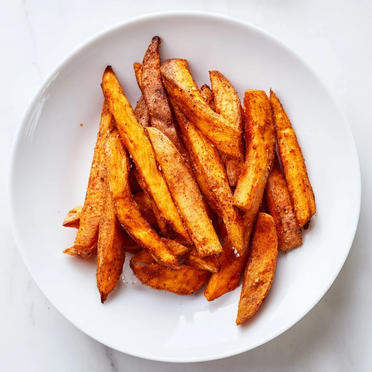 Perfectly cooked Crispy Air Fryer Sweet Potato Fries with a tender interior and crisp exterior on a plate.