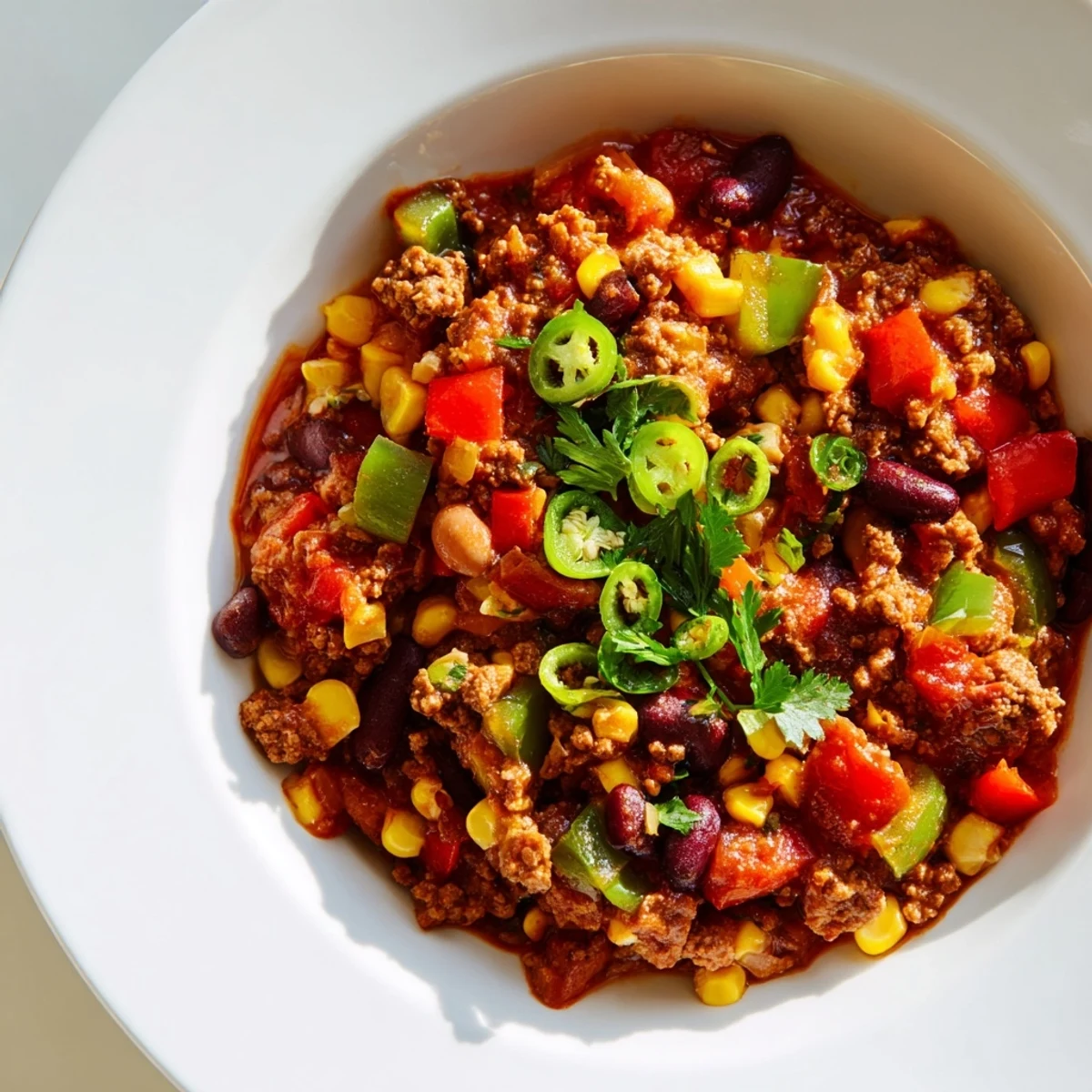 A hearty bowl of Slow Cooker Chili with Ground Beef, topped with cheese and sour cream, steaming beside cornbread.
