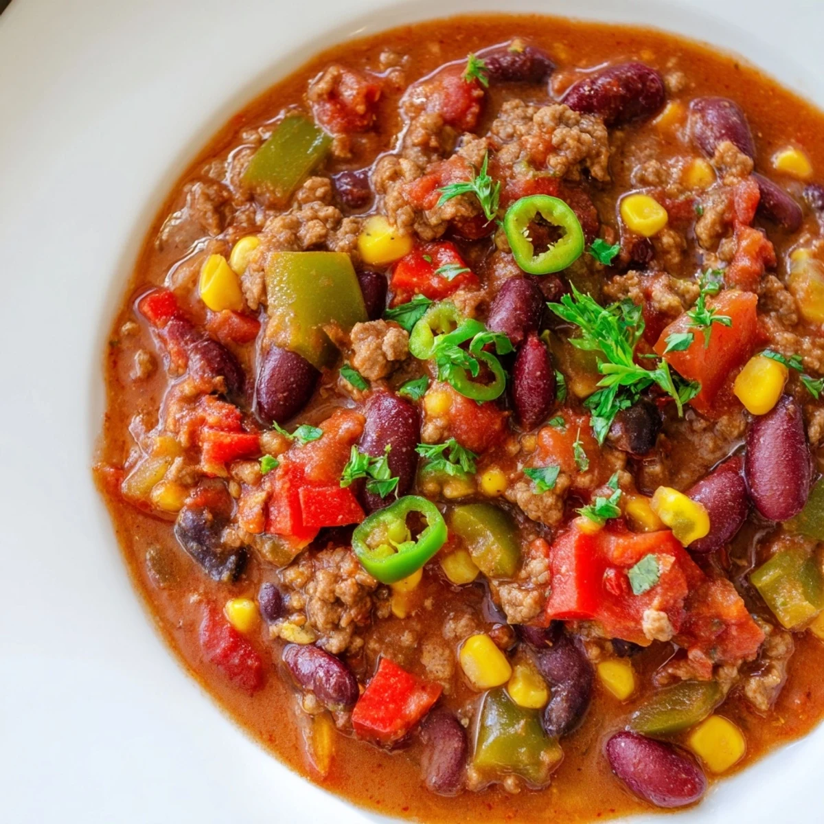 Slow Cooker Chili with Ground Beef in a rustic crockpot, filled with beans and peppers, ready for a cozy dinner.