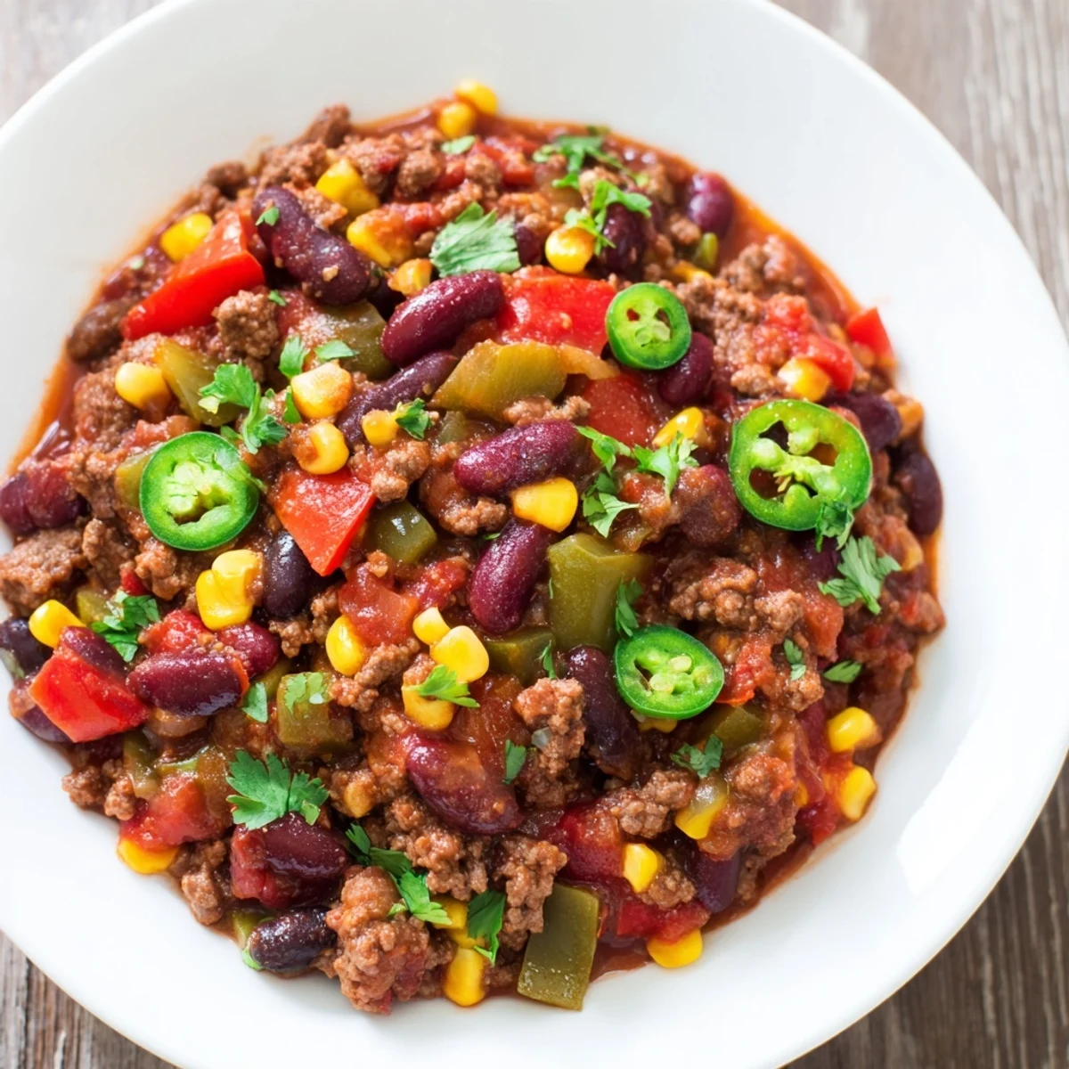 Ground beef and vegetable Slow Cooker Chili simmering, served hot in a white bowl with jalapeño garnish.