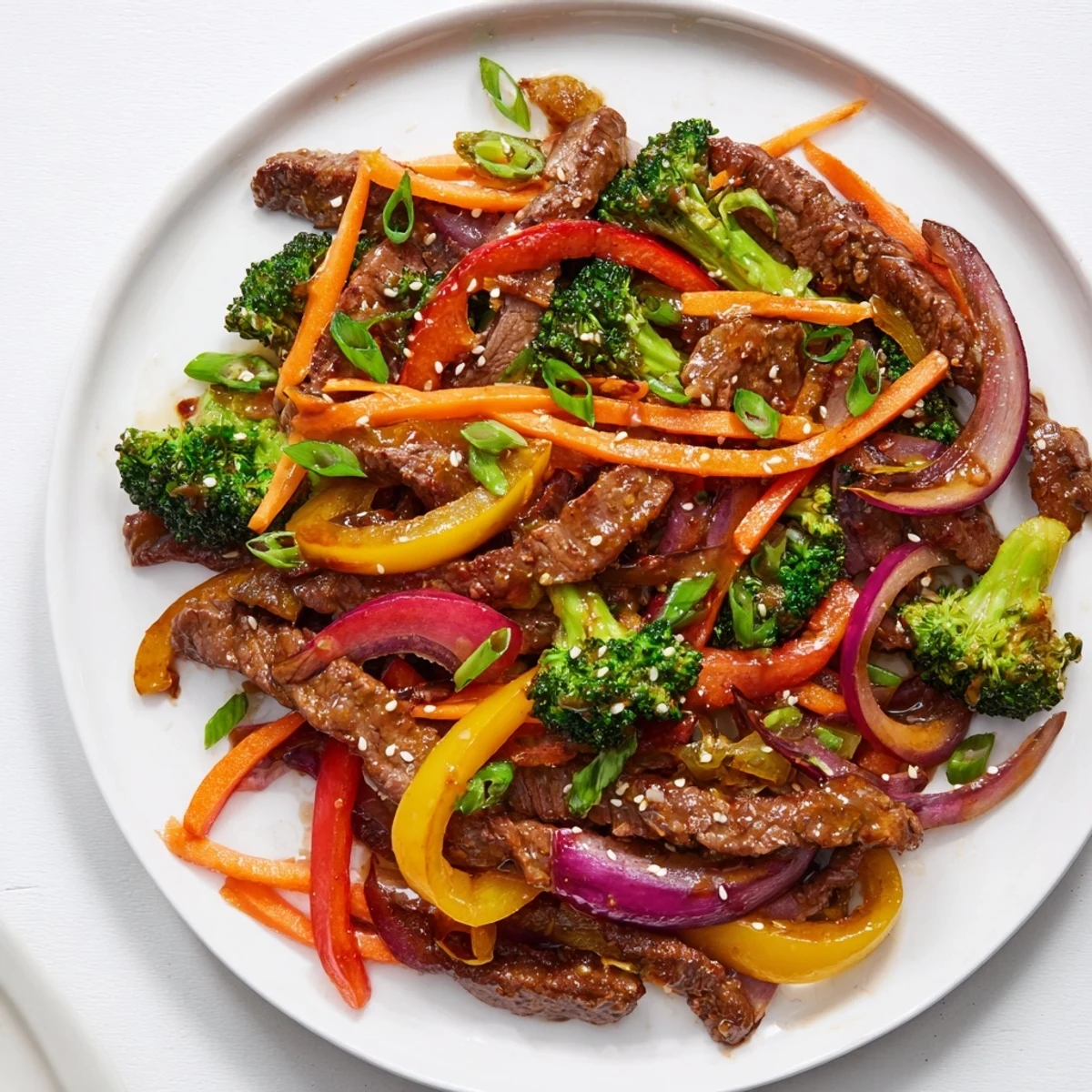 Steaming beef strips and colorful veggies in the spicy beef stir fry with vegetables, served over jasmine rice.
