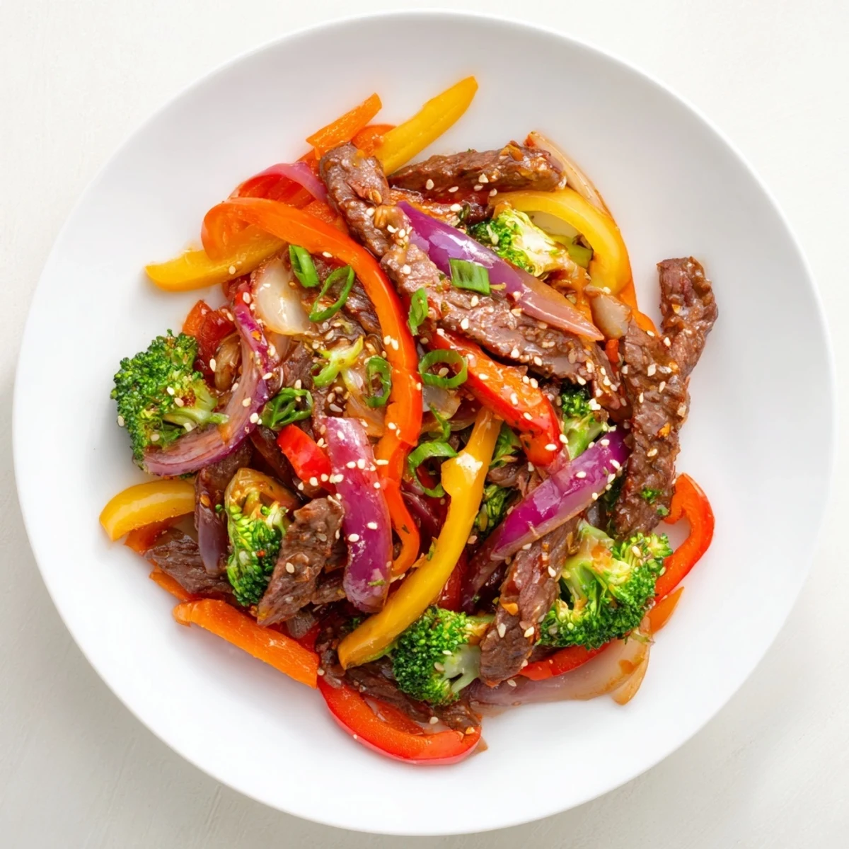 A close-up of tender beef coated in savory sauce in the spicy beef stir fry with vegetables, garnished with sesame seeds.