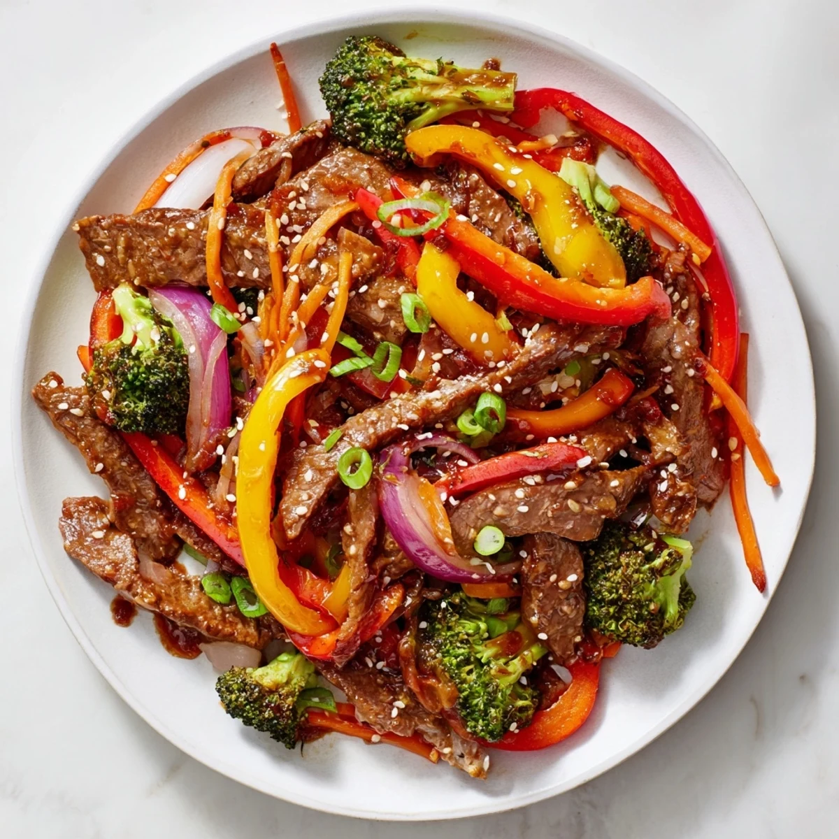 Vibrant red bell peppers and crisp broccoli in a sizzling spicy beef stir fry with vegetables on a white plate.