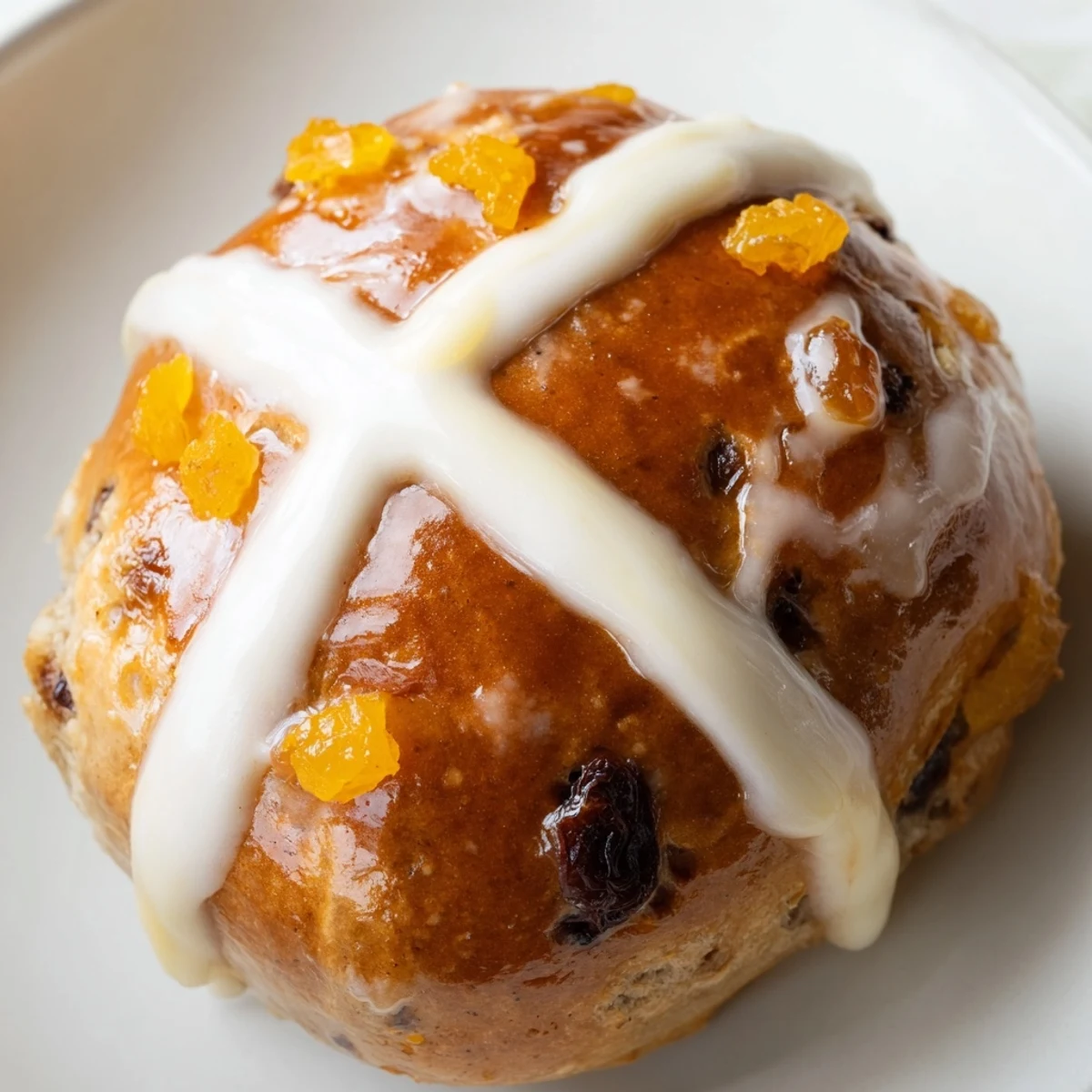 A close-up of spiced Easter Hot Cross Buns with visible dried fruit and a classic white cross.