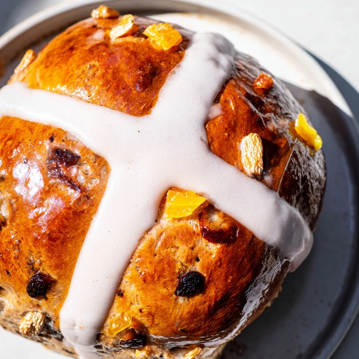 Warm Easter Hot Cross Buns fresh from the oven, glistening with apricot glaze and dusted with flour.