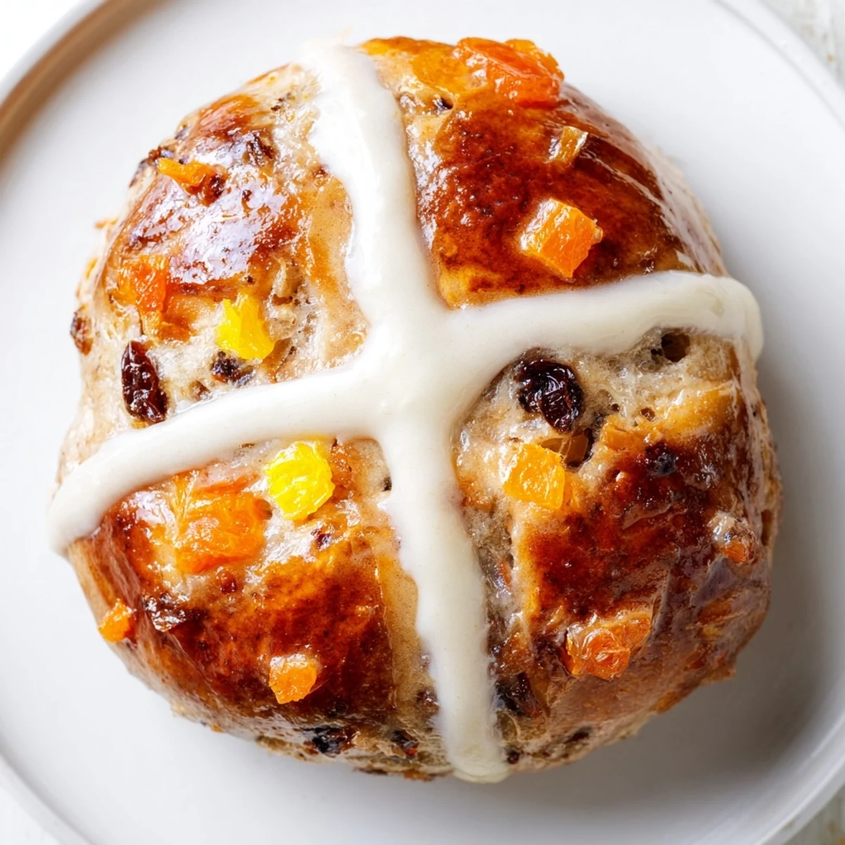 Soft, golden Easter Hot Cross Buns on a rustic board, ready to be served with tea or jam.