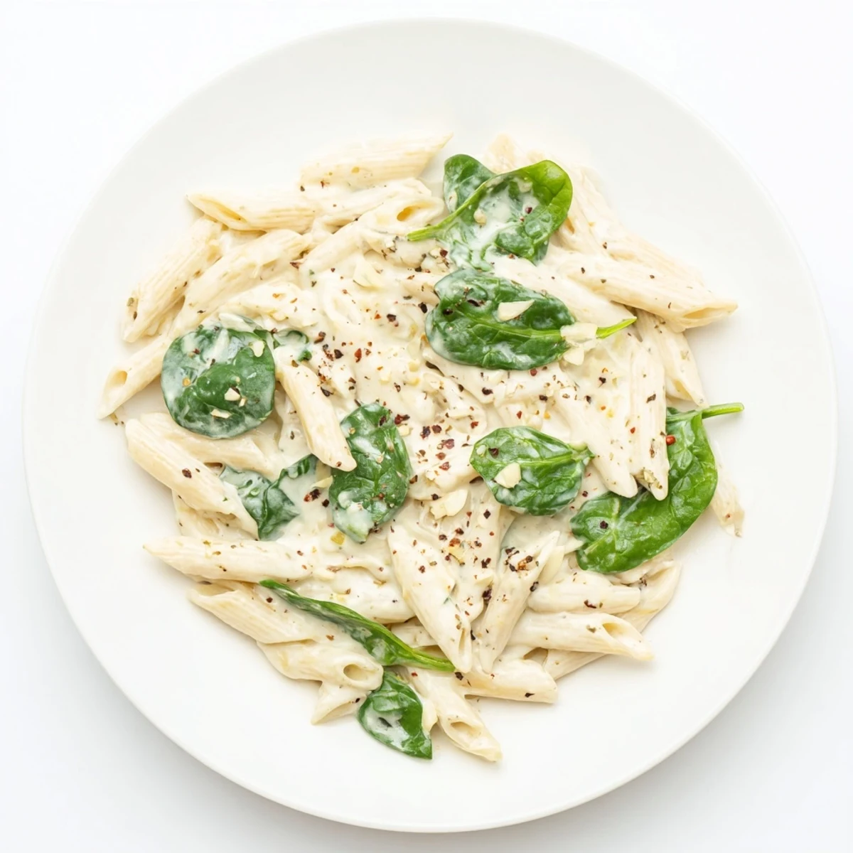 Creamy Spinach Pasta with Garlic steaming in a white bowl, garnished with extra Parmesan and fresh herbs, served alongside a crisp green salad.