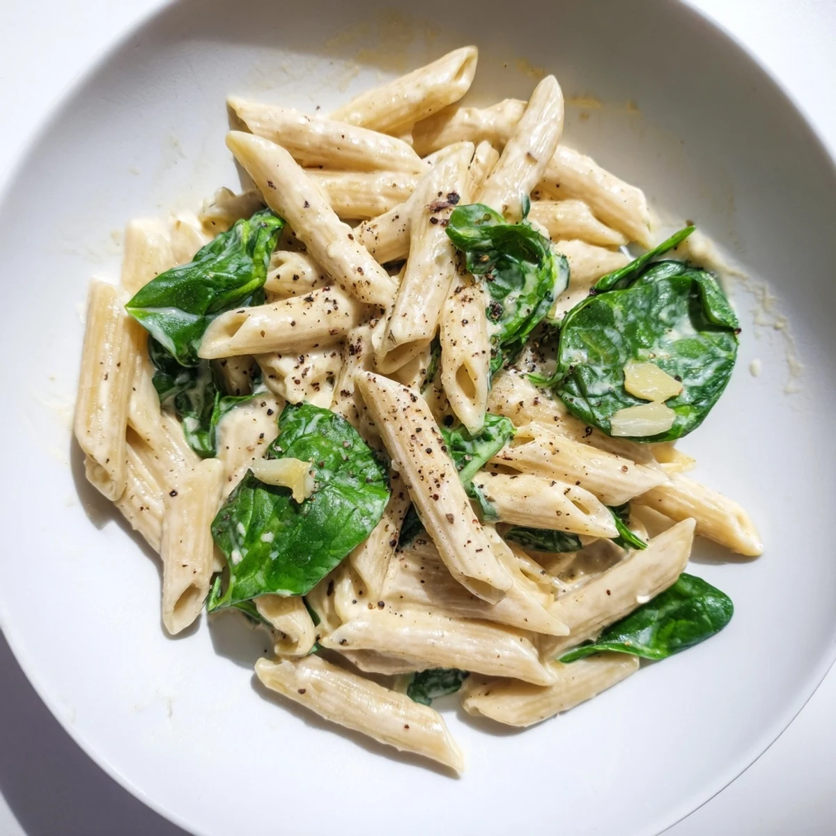 A close-up of Creamy Spinach Pasta with Garlic, highlighting the rich, velvety sauce coating tender penne and wilted spinach leaves.