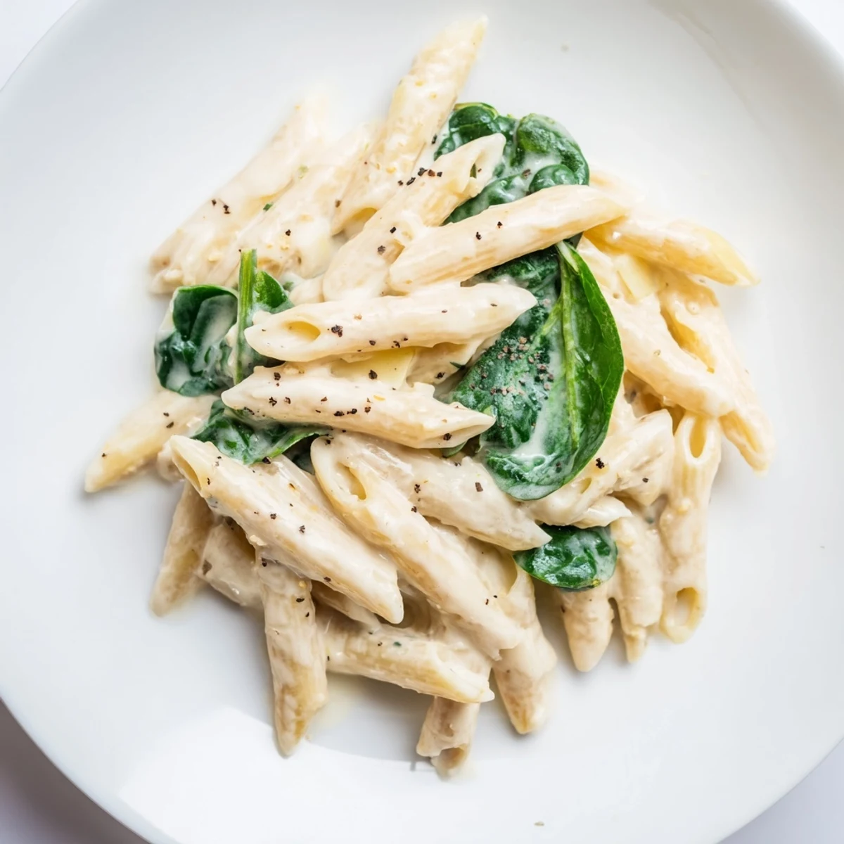 Creamy Spinach Pasta with Garlic plated elegantly, showcasing golden garlic butter sauce and freshly ground black pepper on a rustic wooden table.
