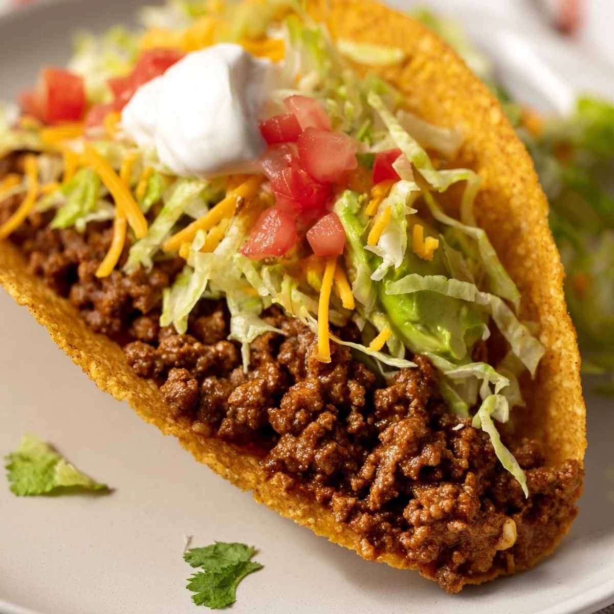 A close-up of hearty Beef Tacos with hard shells topped with diced tomatoes, sour cream, and avocado slices.  