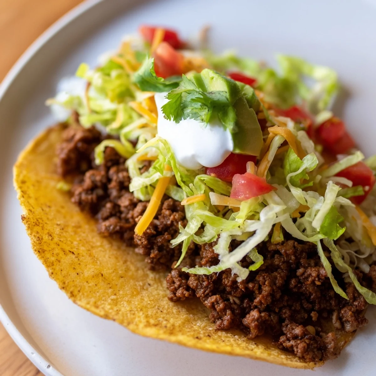 Warm Beef Tacos with hard shells served on a plate with lime wedges and chopped cilantro garnish.