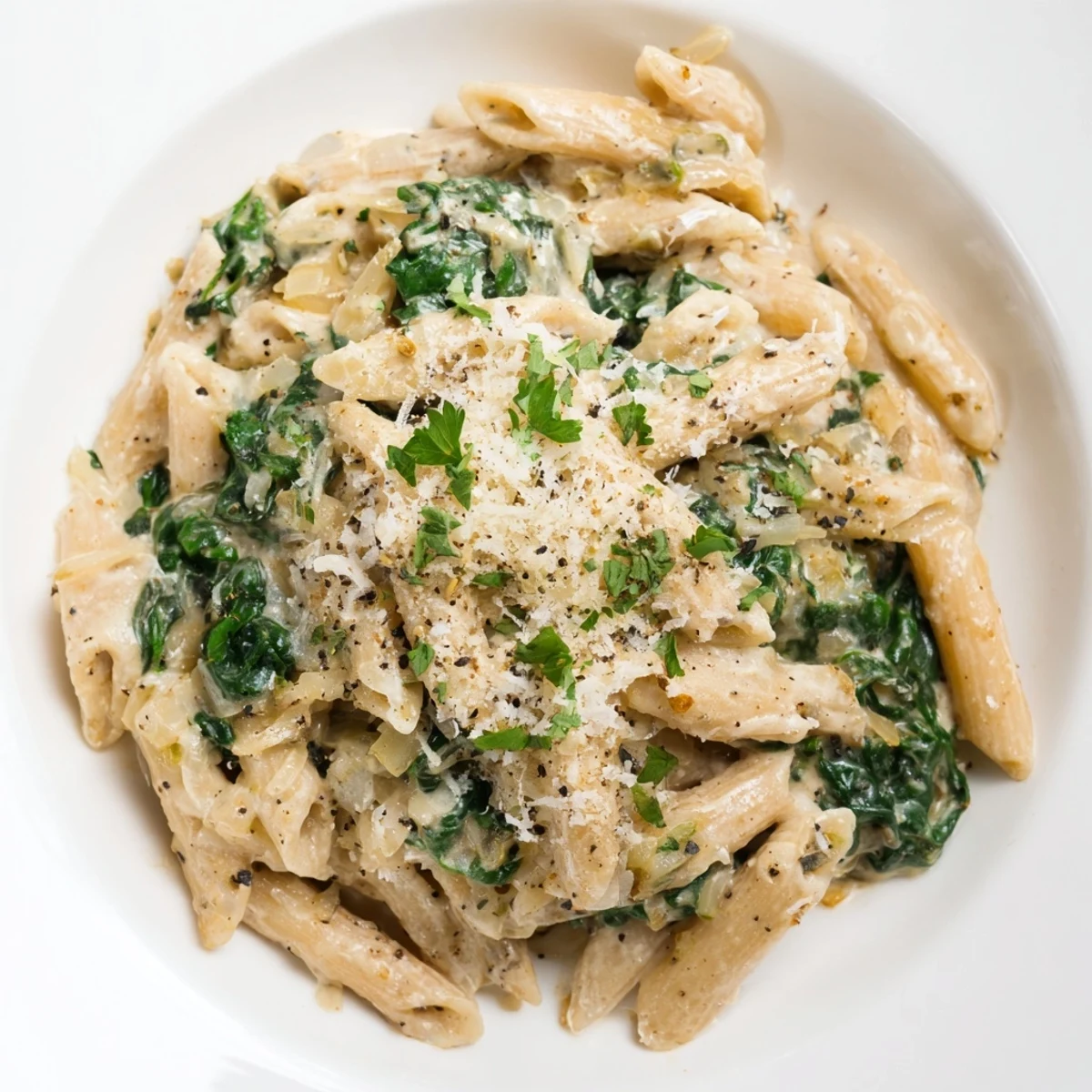 Creamy Spinach Pasta with Garlic Sauce on a white plate, garnished with fresh parsley and extra Parmesan. 